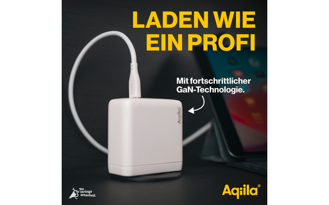 Weißes Ladegerät mit Kabel vor dunklem Hintergrund und Text ‚Laden wie ein Profi‘