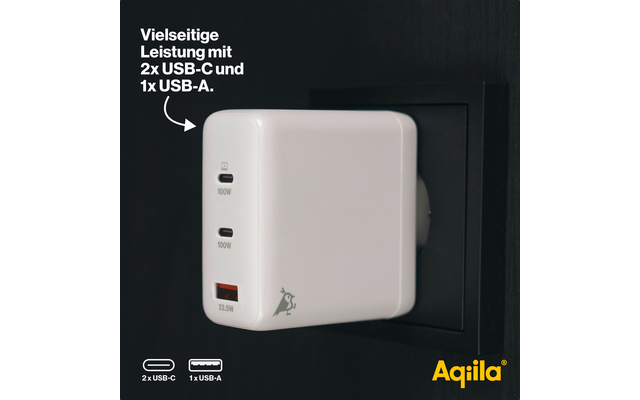 Weißes Ladegerät mit mehreren USB-Anschlüssen und schwarzem Logo