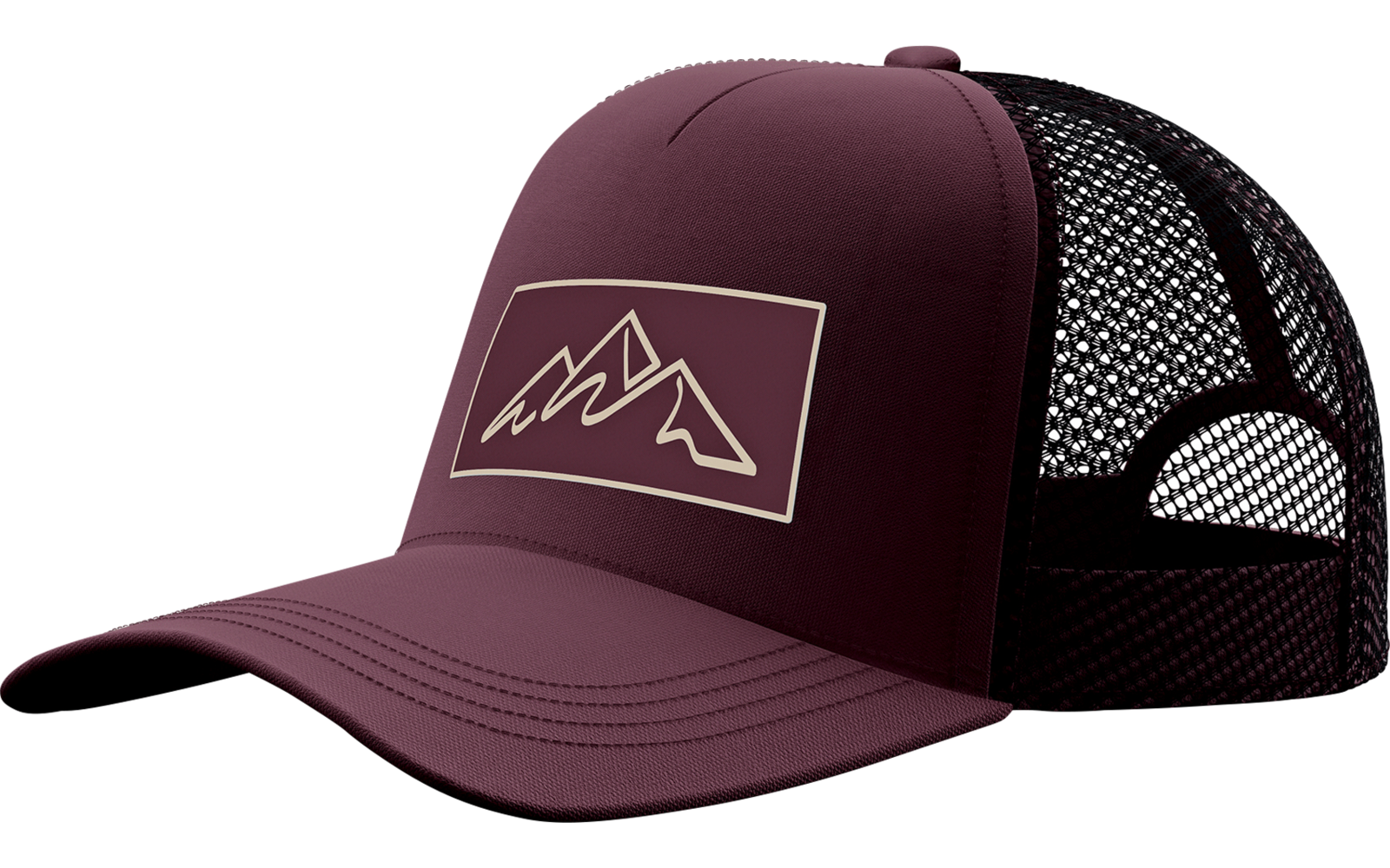 Burgunderrote Baseballkappe mit schwarzem Netzrückenteil und weißem Logo vorne