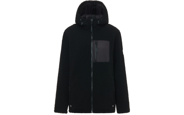Giacca nera in pile teddy con cappuccio, chiusura frontale con cerniera, tasca pettorale con cerniera e due tasche inferiori con cerniera