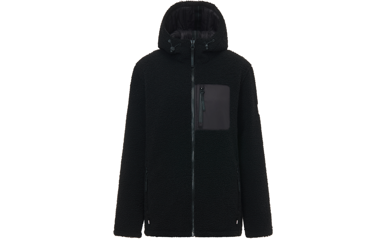 Giacca nera in pile teddy con cappuccio, chiusura frontale con cerniera, tasca pettorale con cerniera e due tasche inferiori con cerniera