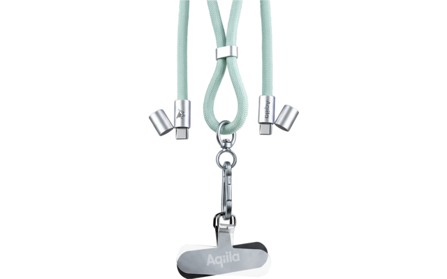 Mintgrüne Kordeln mit silbernen Endstücken, daran ein silberner Anhänger mit dem Schriftzug Aqila, unten rechts gelber Schriftzug Aqila auf grauem Verlaufshintergrund