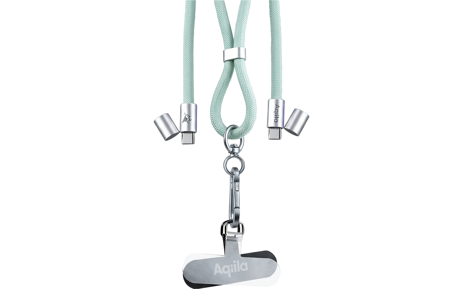 Mintgrüne Kordeln mit silbernen Endstücken, daran ein silberner Anhänger mit dem Schriftzug Aqila, unten rechts gelber Schriftzug Aqila auf grauem Verlaufshintergrund
