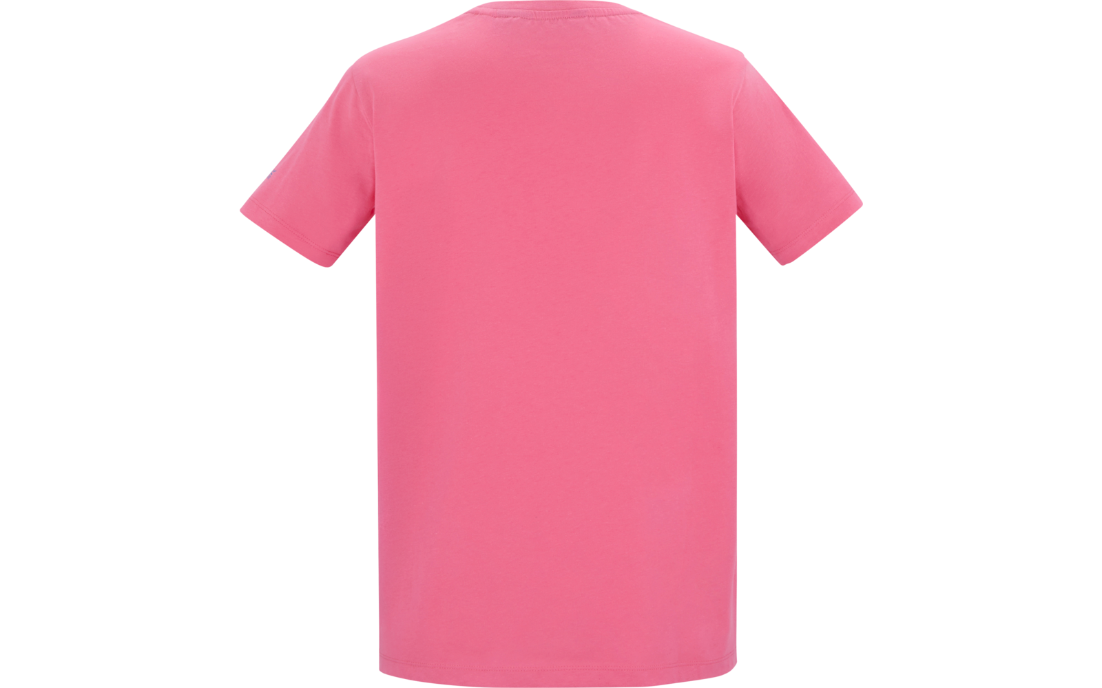 Rückansicht eines einfarbigen rosa T-Shirts mit kurzen Ärmeln vor weißem Hintergrund