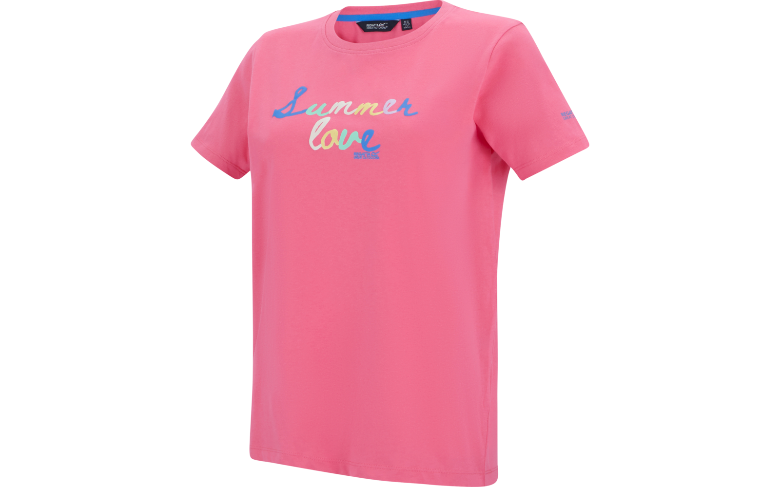 Pinkes kurzärmeliges T-Shirt mit rundem Halsausschnitt und mehrfarbigem Schriftzug 'Summer love' auf der Vorderseite
