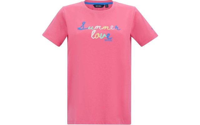 Rosa T‑Shirt mit rundem Ausschnitt und kurzen Ärmeln, mittig auf der Brust mehrfarbiger Schriftzug Summer love mit kleinen farbigen Linien darunter, weißer Hintergrund