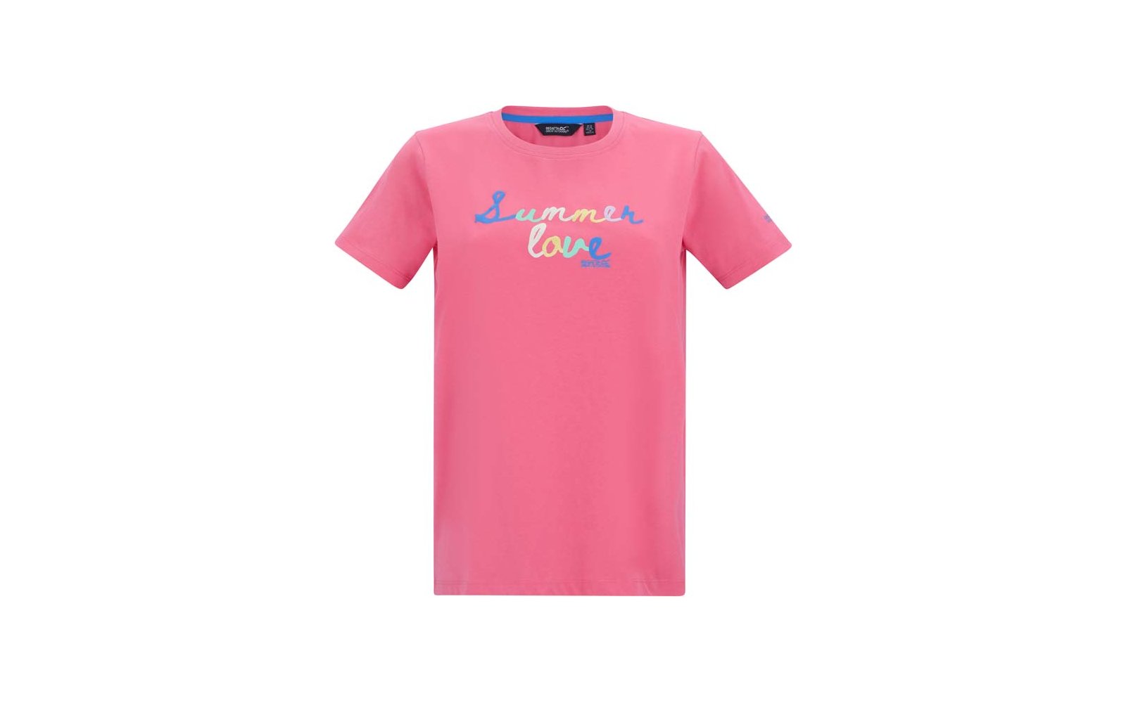 Rosa T‑Shirt mit rundem Ausschnitt und kurzen Ärmeln, mittig auf der Brust mehrfarbiger Schriftzug Summer love mit kleinen farbigen Linien darunter, weißer Hintergrund