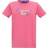 Rosa T‑Shirt mit rundem Ausschnitt und kurzen Ärmeln, mittig auf der Brust mehrfarbiger Schriftzug Summer love mit kleinen farbigen Linien darunter, weißer Hintergrund