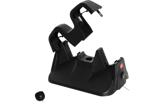 Support en plastique noir avec deux bras courbés sur une base rectangulaire, sur un côté un petit cadenas avec un câble fin et un embout en caoutchouc noir