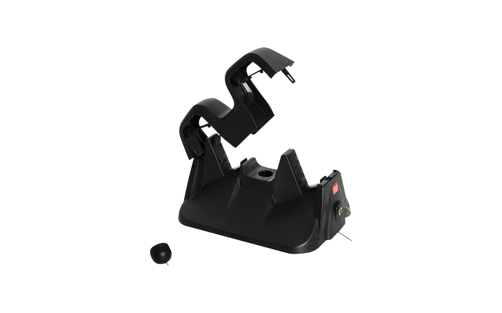 Support en plastique noir avec deux bras courbés sur une base rectangulaire, sur un côté un petit cadenas avec un câble fin et un embout en caoutchouc noir