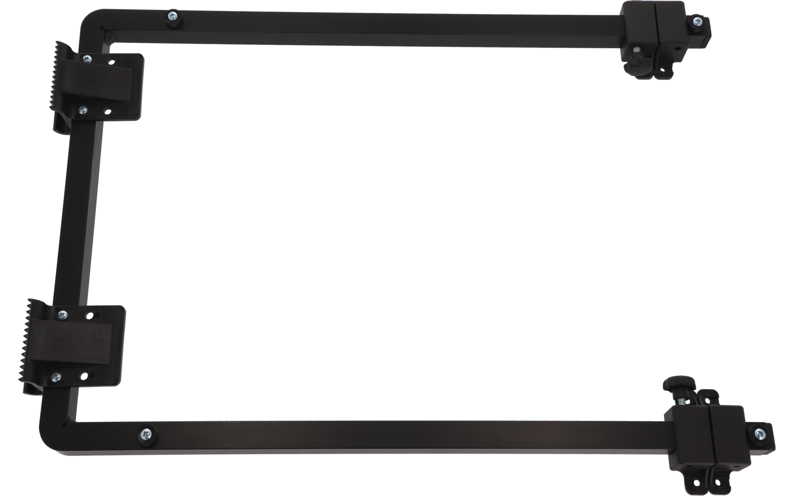 Schwarzes verstellbares Metallgestell mit mehreren Schrauben und Verbindungselementen