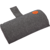 Gray fabric-covered pillow with orange logo and Velcro strap
