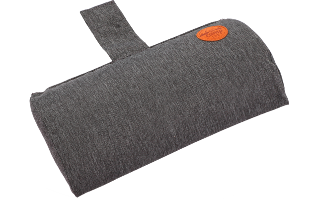 Gray fabric-covered pillow with orange logo and Velcro strap