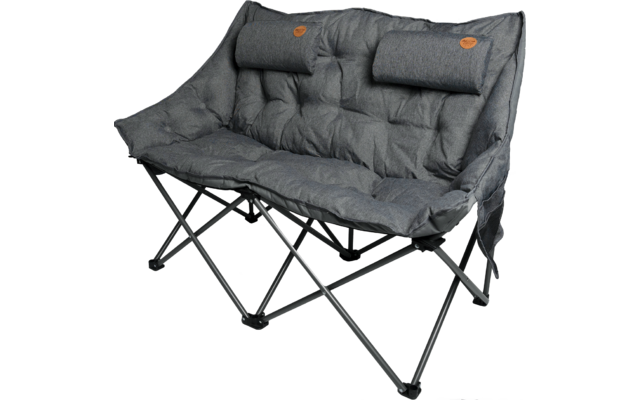 Two-seat dark gray padded folding bench on a black X-shaped metal frame; quilted surface; two cylindrical head cushions with brown round patches
