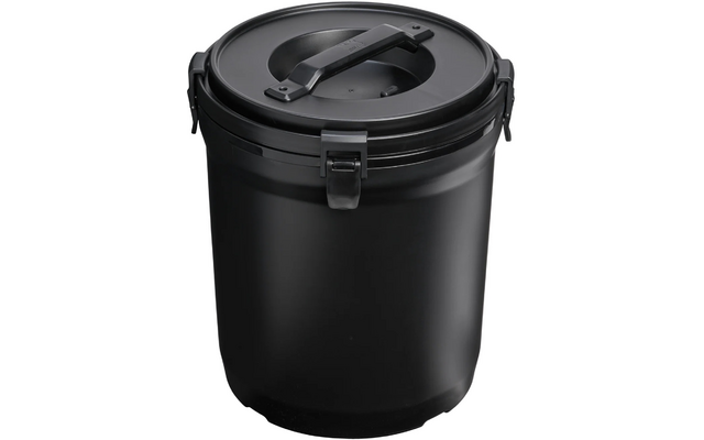Schwarzer, runder Behälter mit aufgesetztem Deckel, Griff oben und vorderem Verschluss
