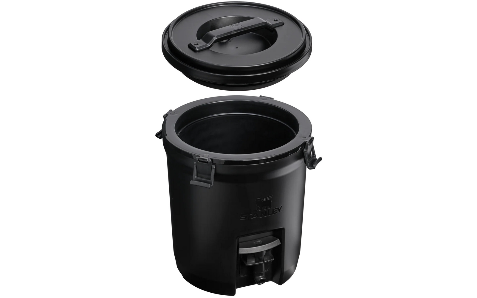 Schwarzer runder Thermobehälter mit abnehmbarem Deckel, seitlichen Griffen, Zapfhahn und sichtbarem "Stanley"-Logo