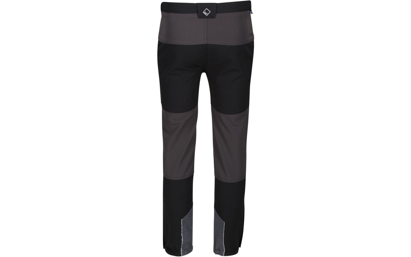 Schwarze und dunkelgraue Arbeitshose mit mehreren Taschen und reflektierenden Details am unteren Beinbereich