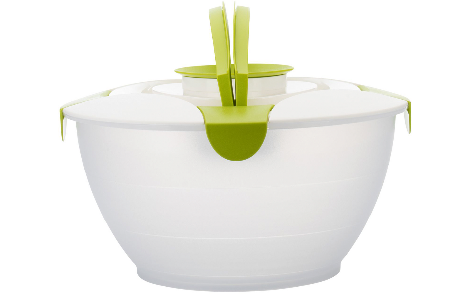 Bol rond blanc avec couvercle blanc, clips verts et poignée centrale verte composée de deux parties verticales