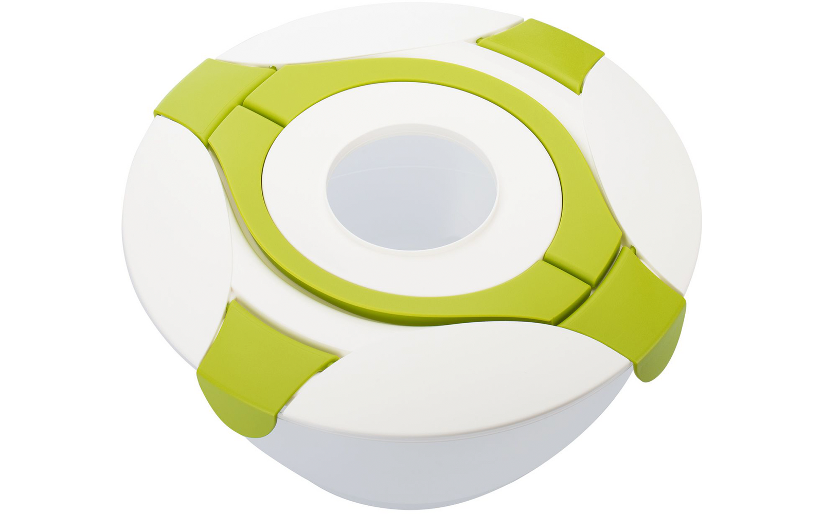 Bol rond blanc avec couvercle blanc, trois clips verts et une fenêtre ronde transparente au centre