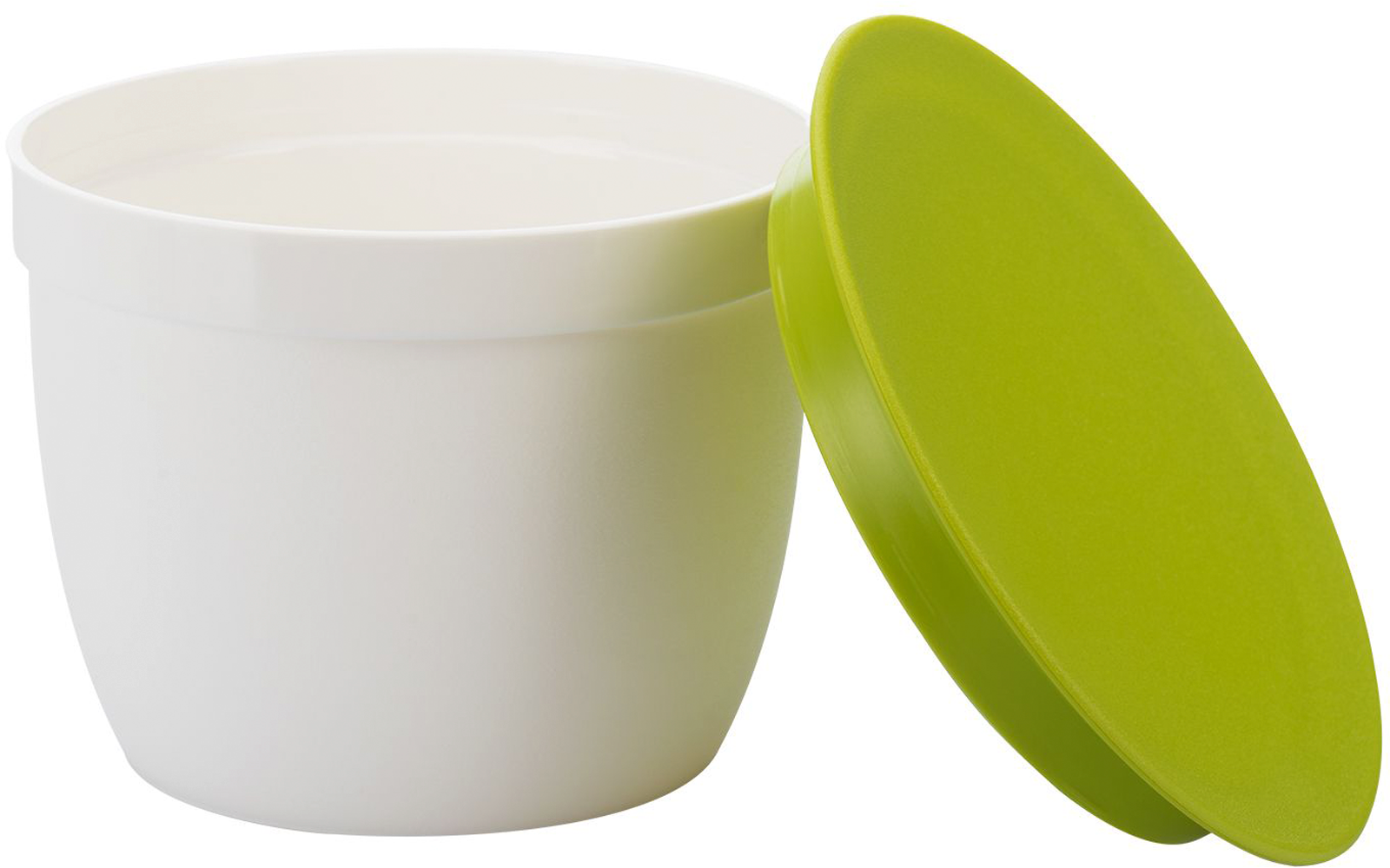 Récipient rond blanc avec un couvercle vert appuyé contre l'ouverture