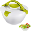 Bol rond blanc en plastique avec couvercle vert et poignée courbe ; petit encart en bas à droite montrant un bol de salade avec feuilles vertes, tranches de tomate, concombre et poivron rouge