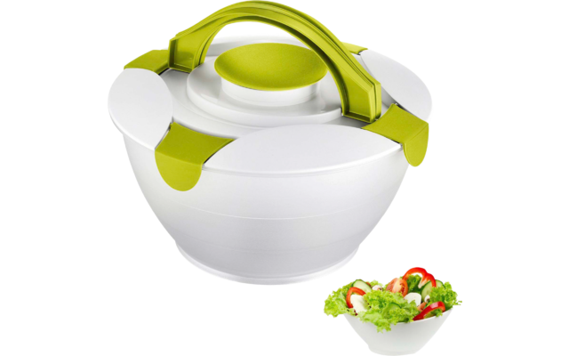 Bol rond blanc en plastique avec couvercle vert et poignée courbe ; petit encart en bas à droite montrant un bol de salade avec feuilles vertes, tranches de tomate, concombre et poivron rouge