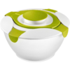 Bol rond en plastique blanc avec couvercle vert et blanc, poignée centrale ronde et clips de verrouillage verts