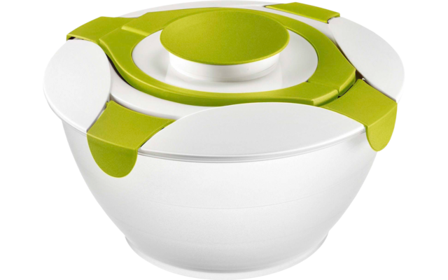 Bol rond en plastique blanc avec couvercle vert et blanc, poignée centrale ronde et clips de verrouillage verts