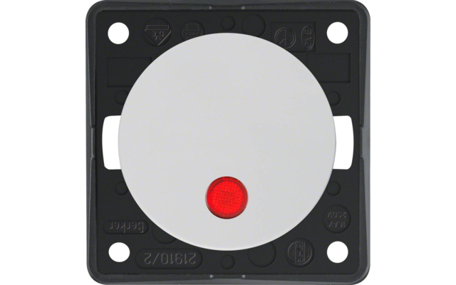 Quadratischer schwarzer Rahmen mit rundem weißem Mittelteil und rotem Licht in der Mitte