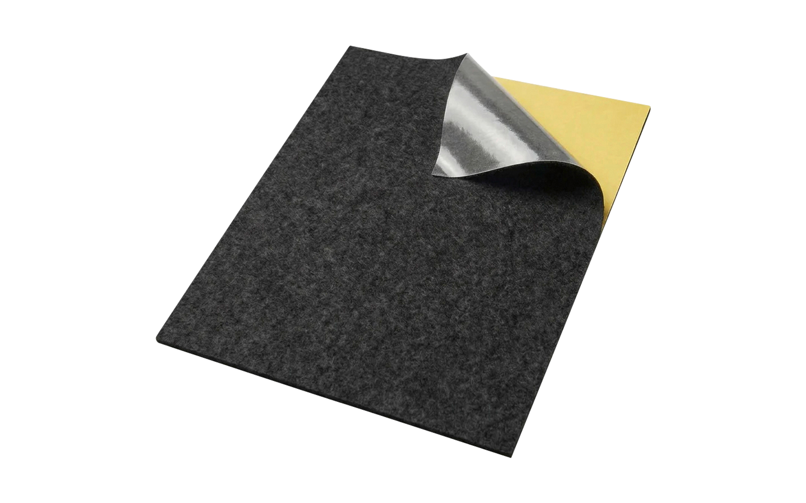 Dark gray rectangular felt sheet with top-right corner folded back revealing a silver layer and a yellow backing, on a white background