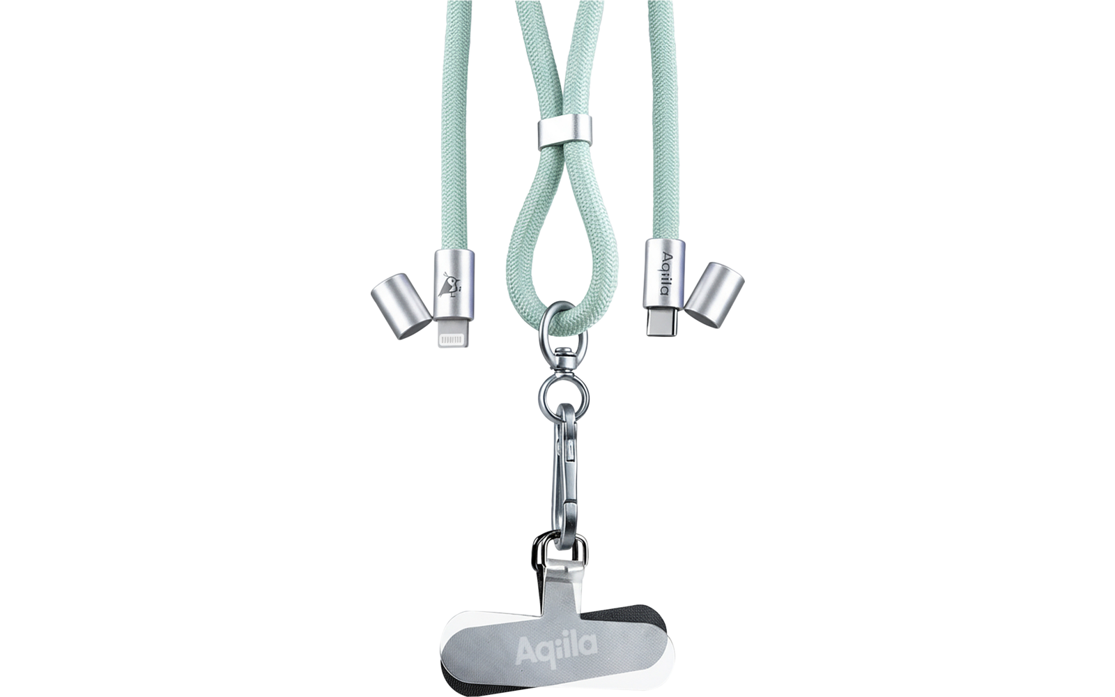 Mintgrüne geflochtene Kabelschlaufen mit drei Metallanschlüssen, zentraler Karabinerhaken mit flachem Metallanhänger, Anhänger graviert mit "Aqila", gelbes "Aqila"-Logo unten rechts vor hellem grauem Verlaufshintergrund