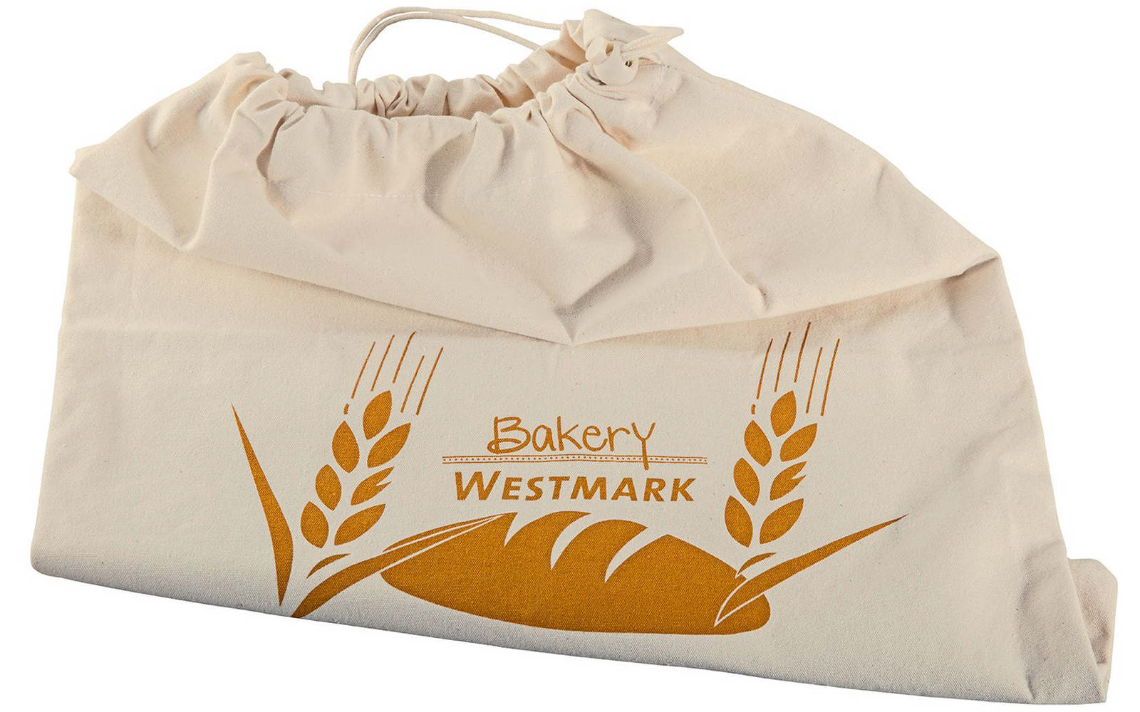Beige stoffen broodzak met trekkoord, bedrukt oranje logo 'Bakery WESTMARK' en gestileerd brood met aren