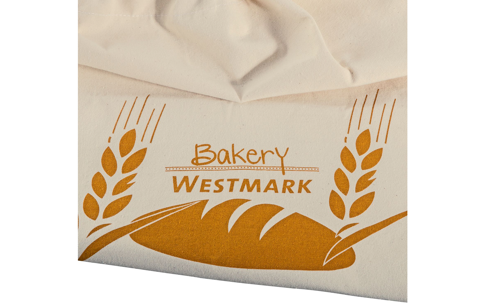 Beige stof met opdruk "Bakery WESTMARK", gestileerd brood en twee aren