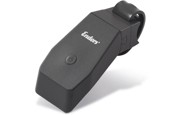 Dunkelgraues, längliches Gerät mit aufgedrucktem Enders-Logo, runder Knopf mit Power-Symbol und gebogener Clipklemme am hinteren Ende