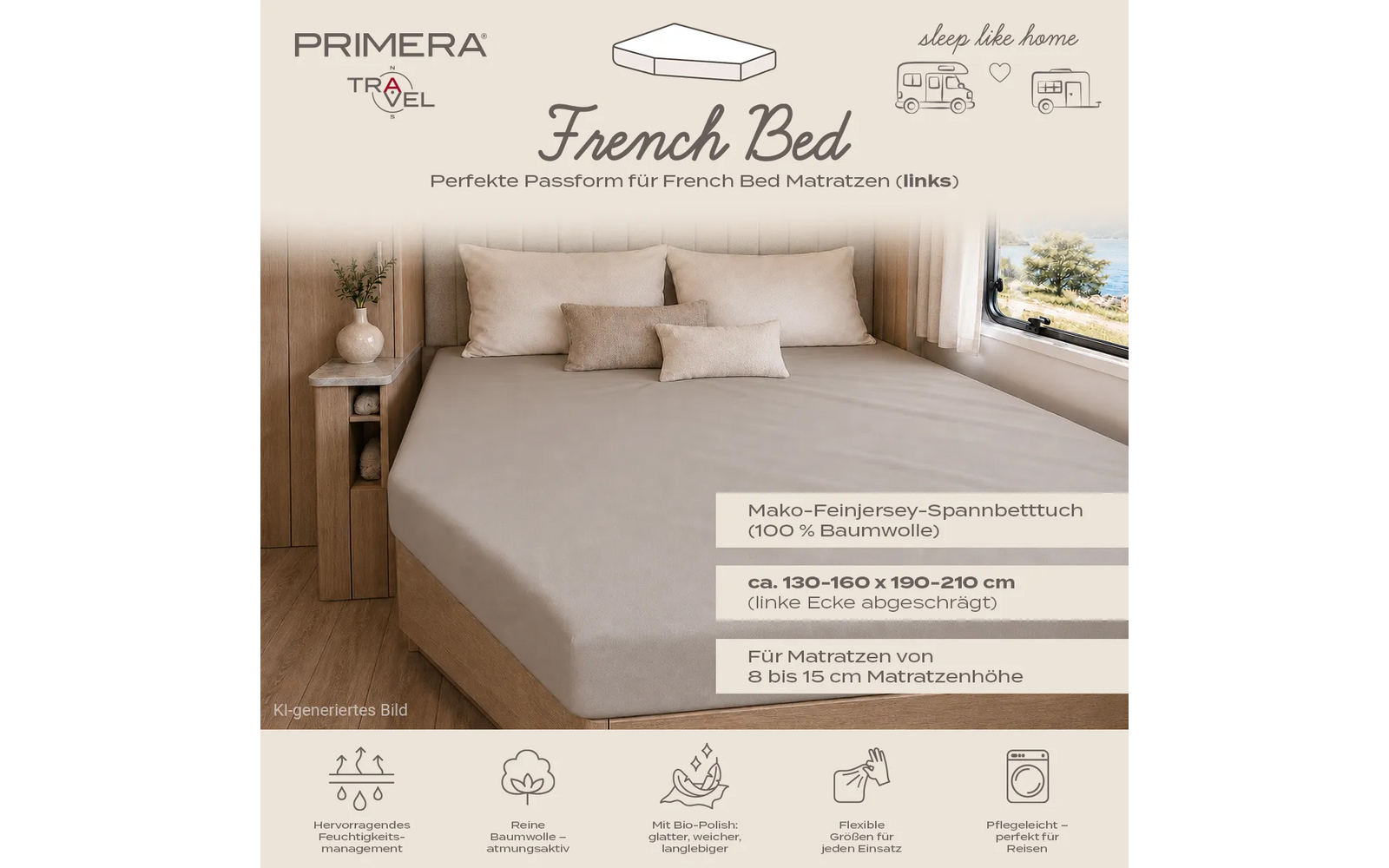Bed met beige hoeslaken, drie kussens, houten hoofdeinde en plank met vaas en droogbloemen, raam met bomen en lucht, zichtbaar merklogo en tekstoverlays