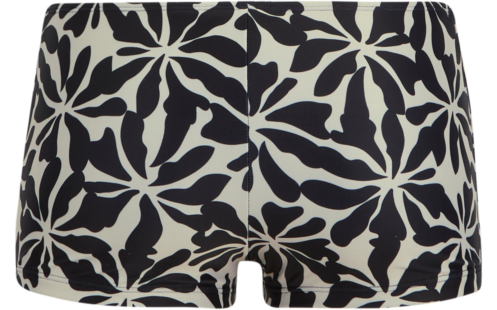 Kurze Shorts mit großflächigem, schwarzem, blattförmigem Muster auf hellem Hintergrund und mittiger Vordernaht