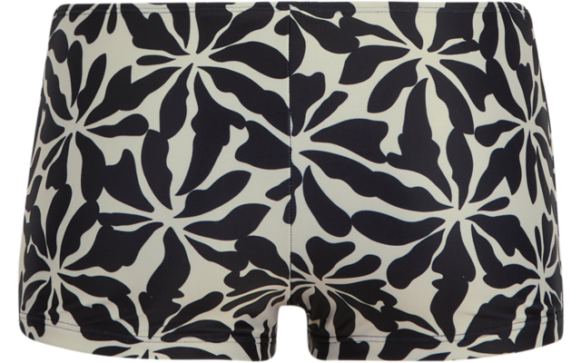 Kurze Shorts mit großflächigem, schwarzem, blattförmigem Muster auf hellem Hintergrund und mittiger Vordernaht