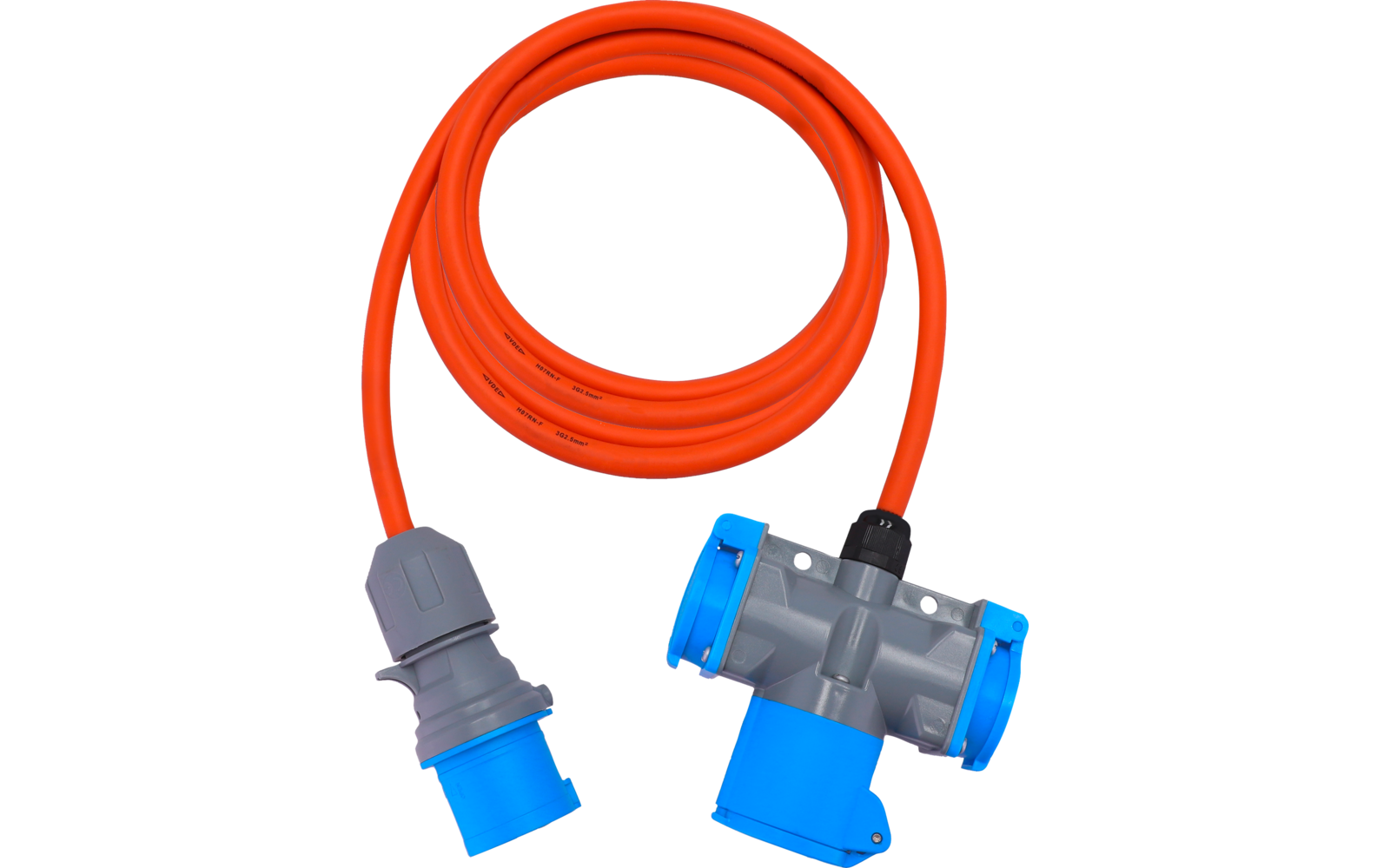 Aufgerolltes orangefarbenes Kabel mit grauem T-förmigen Adapter, drei blauen runden Steckbuchsen und einem grau-blauen Stecker am anderen Ende