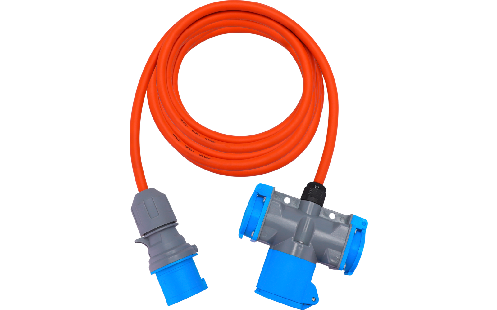Orange aufgerolltes Kabel mit grauem Kunststoffstück, das drei blaue runde Steckanschlüsse zeigt, und einem grauen Stecker mit blauem Ende