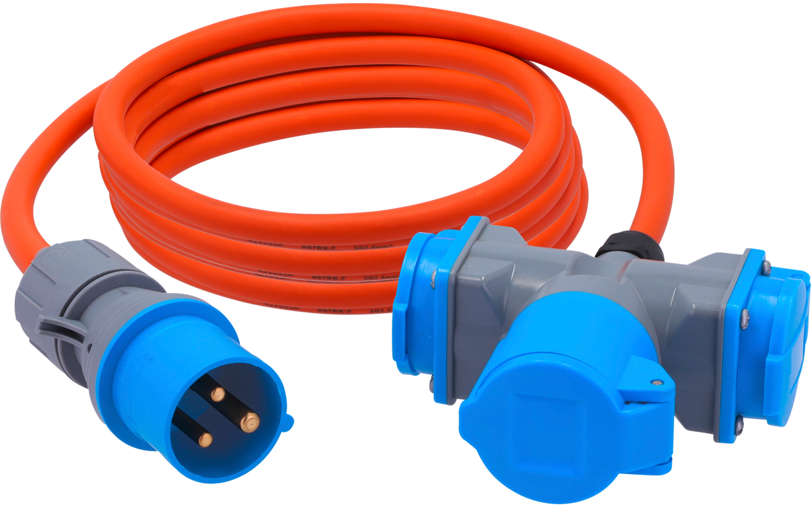 Aufgerolltes orangefarbenes Kabel mit blauem Dreipolstecker an einem Ende und grauem Verteiler mit zwei blauen Steckdosen am anderen Ende
