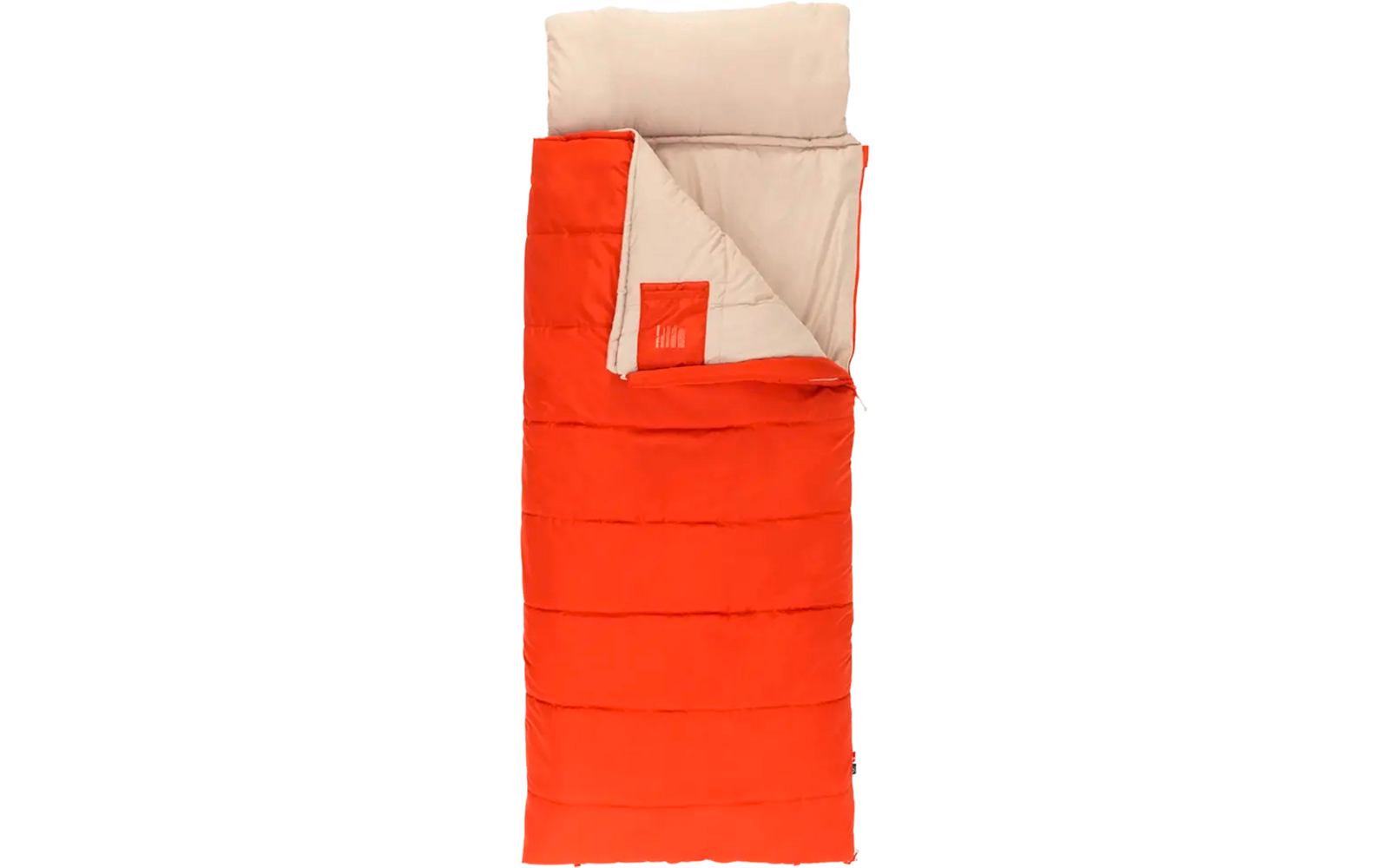 Rode slaapzak met beige voering en een klein etiket
