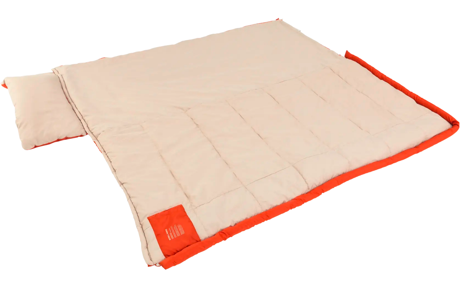 Beige deken met rode rand en klein rood stoffen label