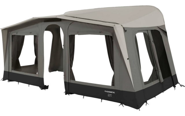 Großes graues aufblasbares Vorzelt mit mehreren Fenstern, Netz- und Stoffeinsätzen, schwarzem Sockel und offenem Durchgang