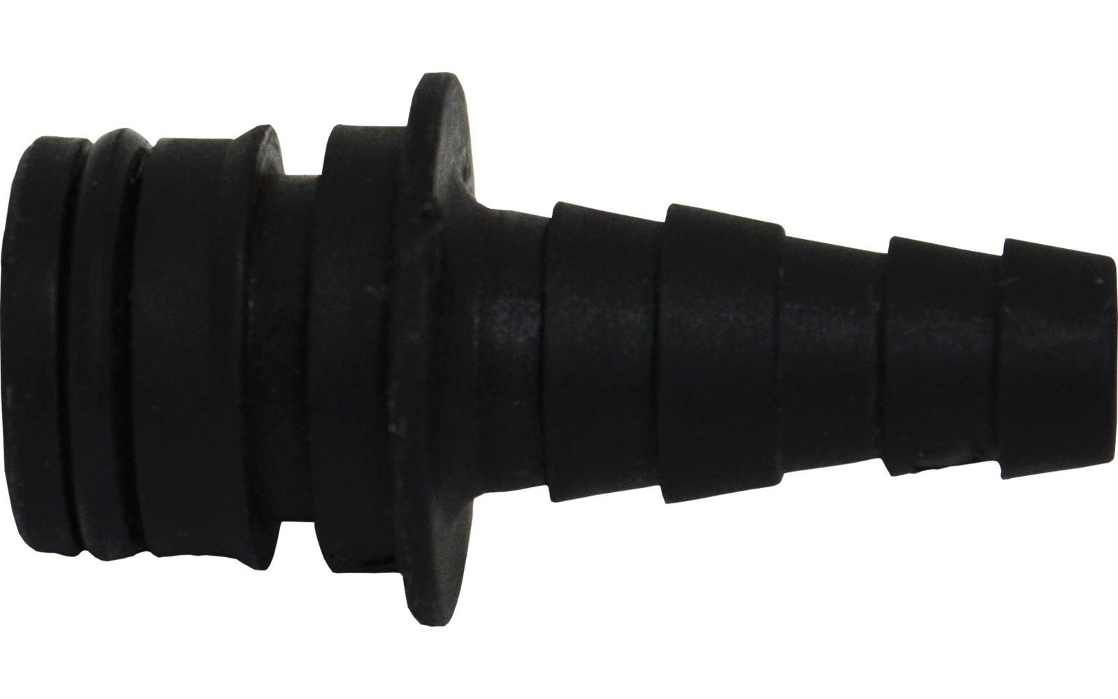 Schwarzes, geripptes Kunststoffstück mit abgestuftem konischem Zapfen, einer flachen Scheibe in der Mitte und Dichtungsrillen am breiteren Ende