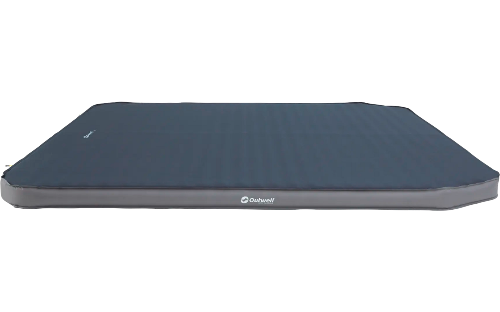 Opblaasbare slaapmat in donkerblauw met grijze rand, plat liggend
