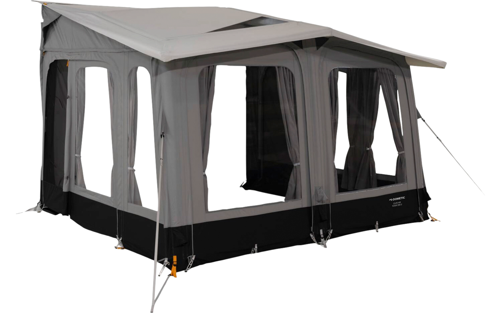 Grey tent structure with three large transparent windows with curtains, sloped roof, guy lines and tent pegs on a white background