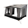 Light grey camping awning with large windows and curtains, black lower skirt, metal poles and guy ropes