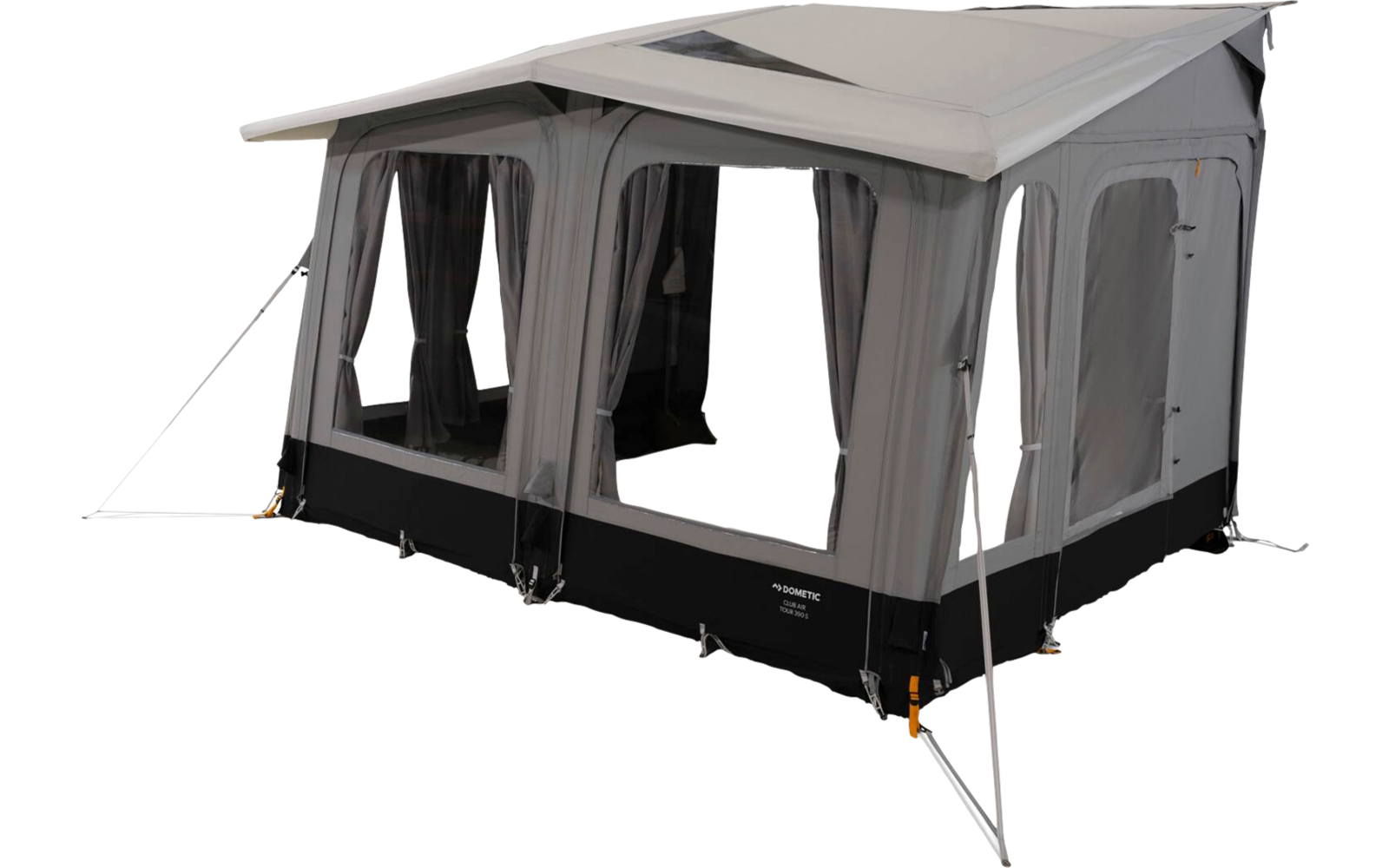 Light grey camping awning with large windows and curtains, black lower skirt, metal poles and guy ropes