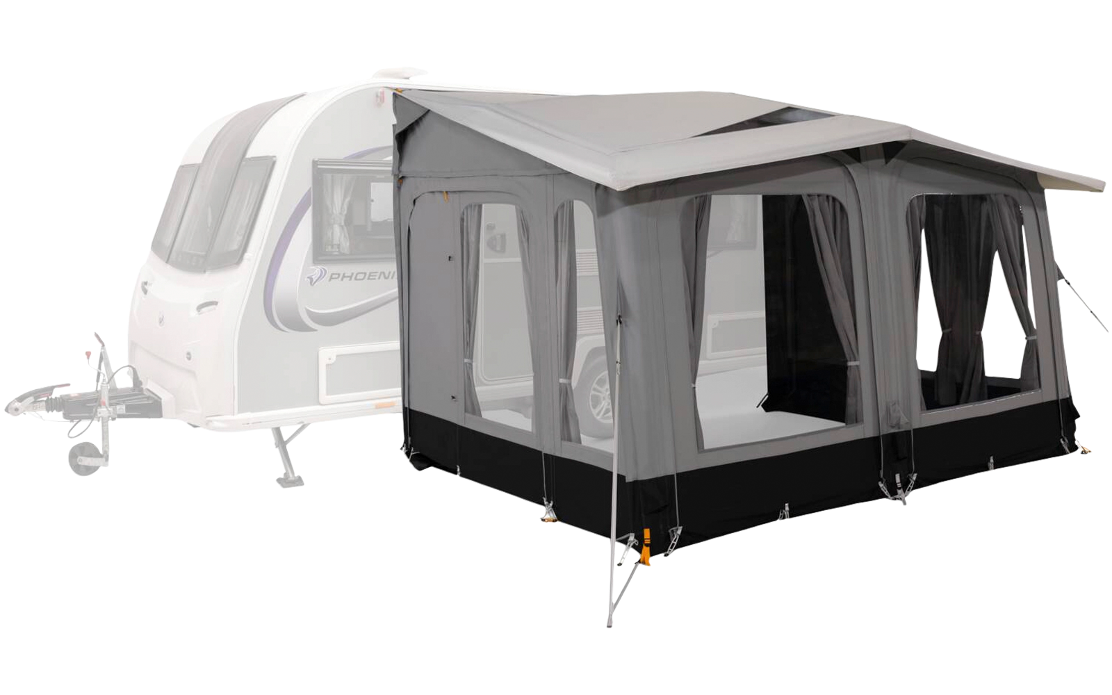 White caravan on the left with an attached gray awning/tent, large window panels, black lower skirt, guy lines and front support poles