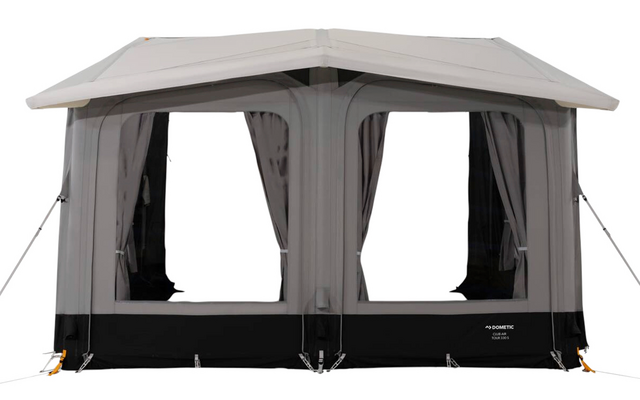 Tienda gris autoportante con techo a dos aguas, dos grandes ventanas frontales con cortinas recogidas, faldón inferior negro y tensores